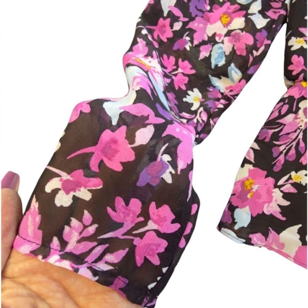 Bar III Floral Faux Wrap Peplum Top Black Pink Blue Sheer Sleeve S EUC - Picture 2 of 7